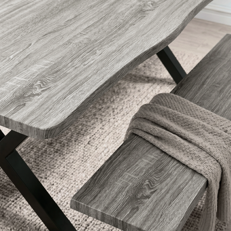 [Wooden Grey] Crosswick Dining Table with Bench X-Leg close-up of grey wood grain surface texture and leg detail