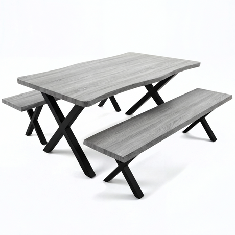 [Wooden Grey] Crosswick Dining Table with Bench X-Leg 4-6 seater white background product shot front view