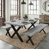 [Wooden Grey] Crosswick Industrial 6 Seater Dining Table with Benches laid for dining in industrial brick loft with pendant lights and jute rug