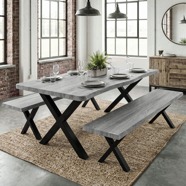 [Wooden Grey] Crosswick Industrial 6 Seater Dining Table with Benches laid for dining in industrial brick loft with pendant lights and jute rug