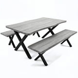 [Wooden Grey] Crosswick Industrial 6 Seater Dining Table with Benches three-quarter product shot on white background showing live-edge top and black X-frame legs
