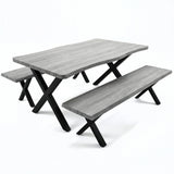 [Wooden Grey] Crosswick Industrial 6 Seater Dining Table with Benches three-quarter product shot on white background showing live-edge top and black X-frame legs