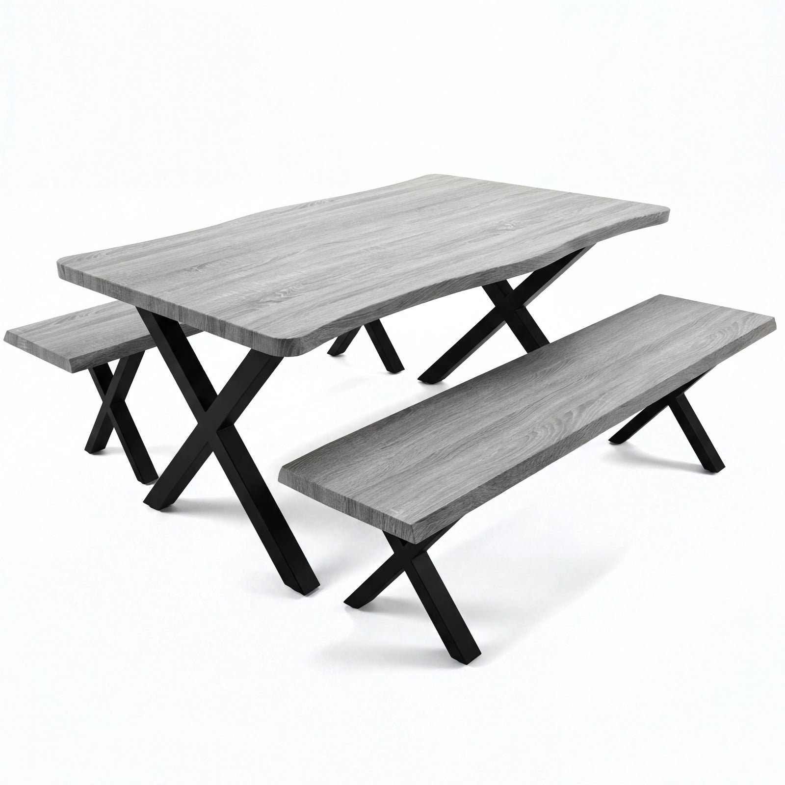 [Wooden Grey] Crosswick Industrial 6 Seater Dining Table with Benches three-quarter product shot on white background showing live-edge top and black X-frame legs