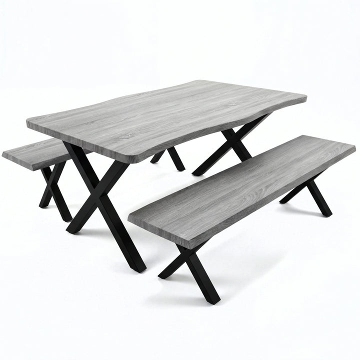 [Wooden Grey] Crosswick Industrial 6 Seater Dining Table with Benches three-quarter product shot on white background showing live-edge top and black X-frame legs