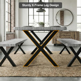 [Wooden Grey] Crosswick Industrial 6 Seater Dining Table with Benches infographic highlighting the sturdy black X-frame metal leg design on jute rug