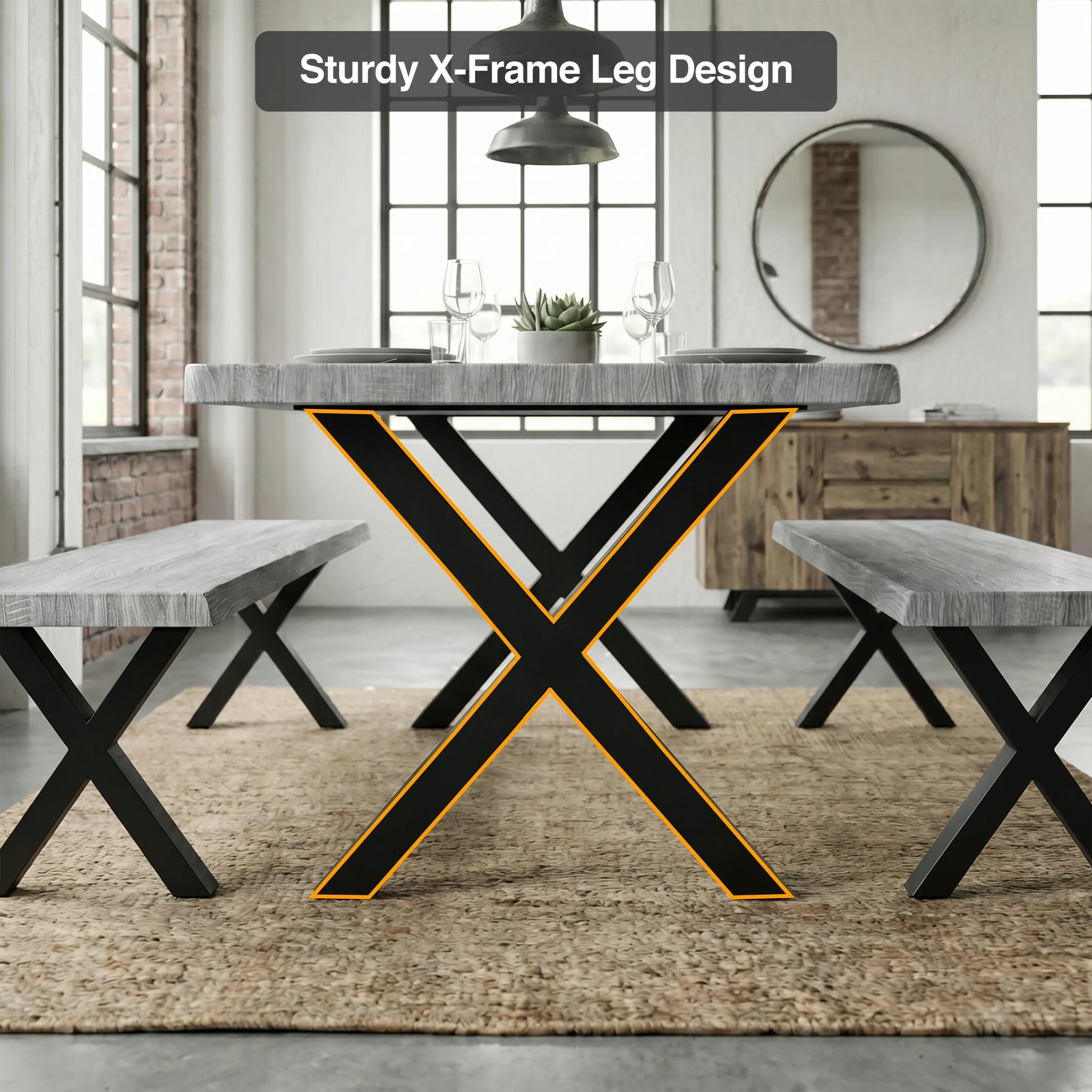[Wooden Grey] Crosswick Industrial 6 Seater Dining Table with Benches infographic highlighting the sturdy black X-frame metal leg design on jute rug