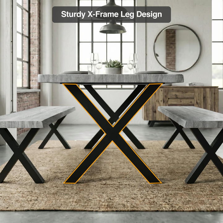 [Wooden Grey] Crosswick Industrial 6 Seater Dining Table with Benches infographic highlighting the sturdy black X-frame metal leg design on jute rug