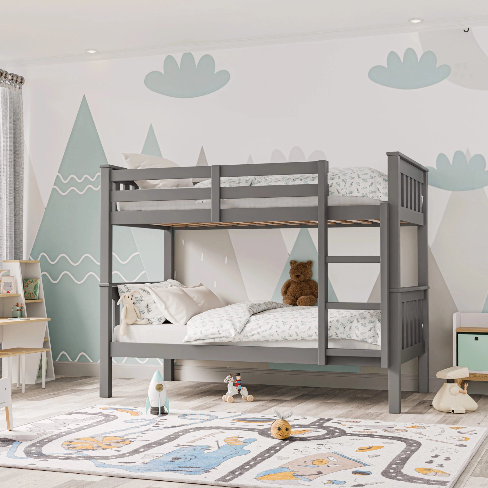 [Grey | Double] grey detachable double bunk bed against mint mountain mural with cloud cutouts and teddy bear on lower bunk