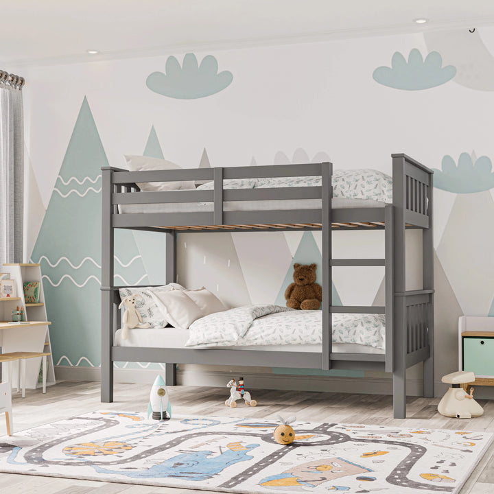 [Grey | Double] grey detachable double bunk bed against mint mountain mural with cloud cutouts and teddy bear on lower bunk