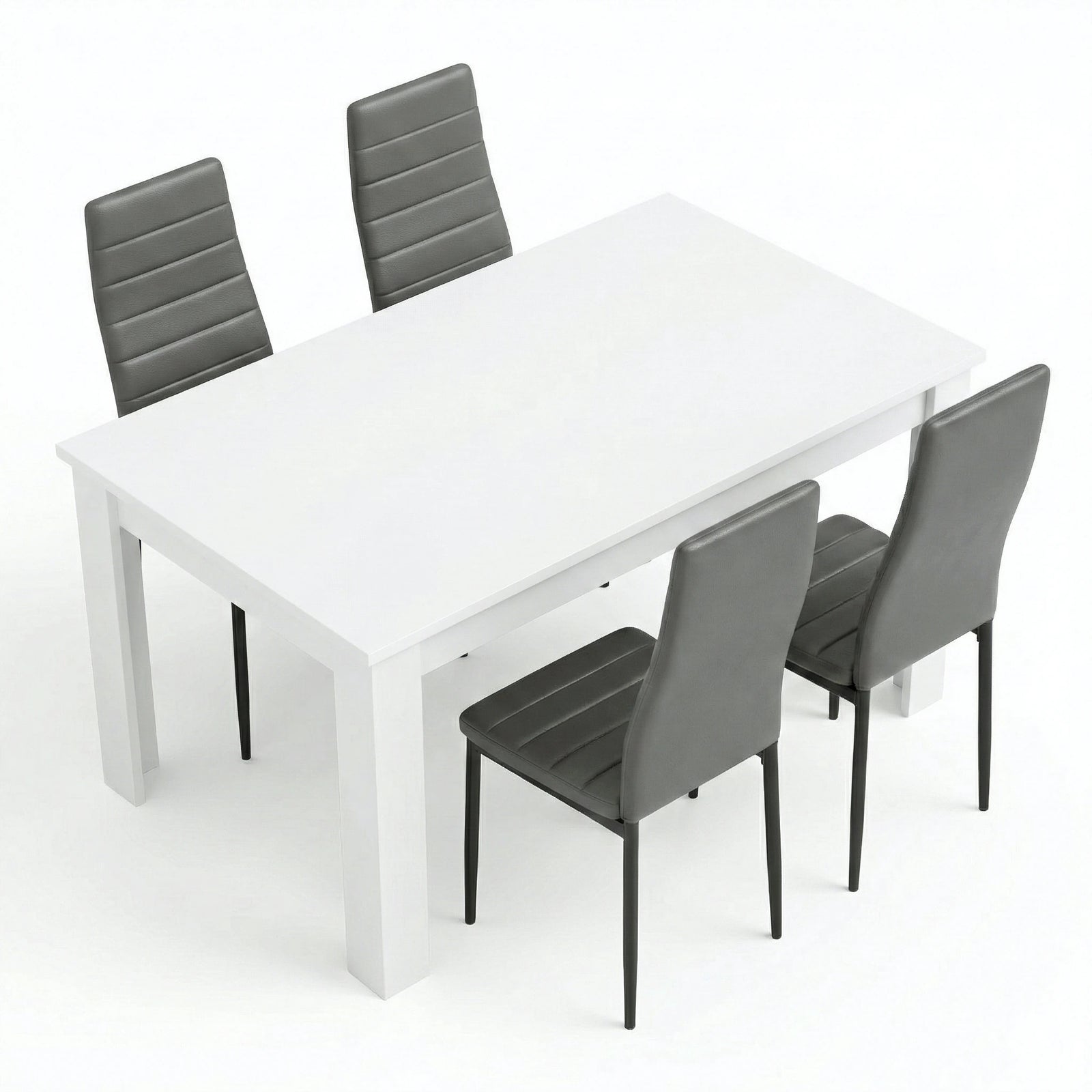 [4 Seater | Grey] Dining Table and Chairs Set on plain background showing white rectangular table with four grey faux leather chairs