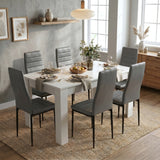 [6 Seater | Grey] Dining Table and Chairs Set with six grey faux leather chairs around a white rectangular table in a styled bright dining room