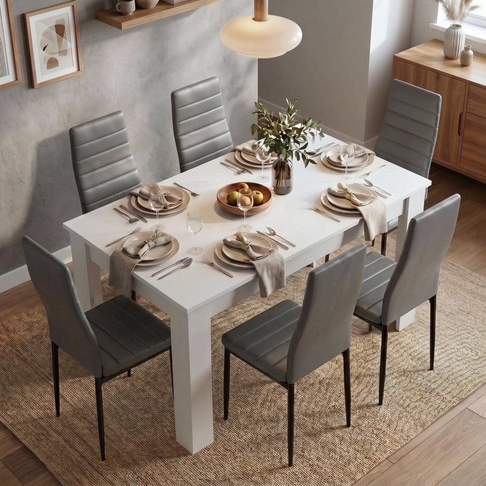 [6 Seater | Grey] Dining Table and Chairs Set viewed from above in a styled dining room with six grey chairs, place settings, and a fruit bowl centrepiece
