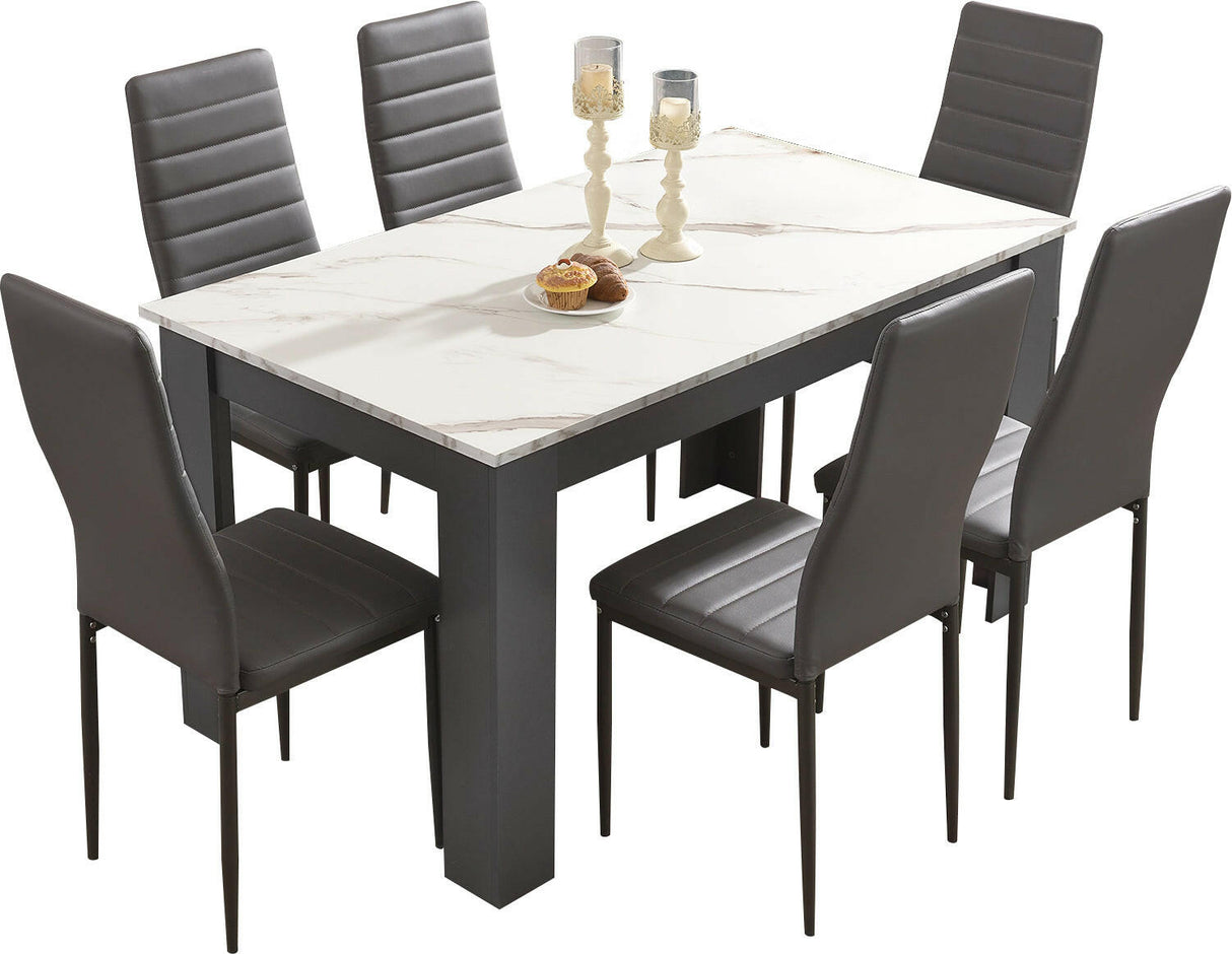 Grey dining table set with matching chairs, perfect for modern home decor.