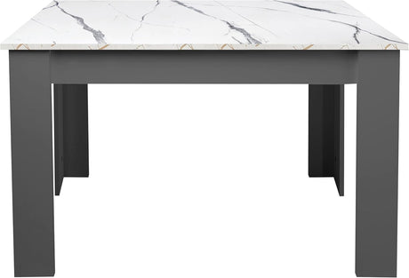 Grey dining table with white marble top– modern elegance for any dining space.