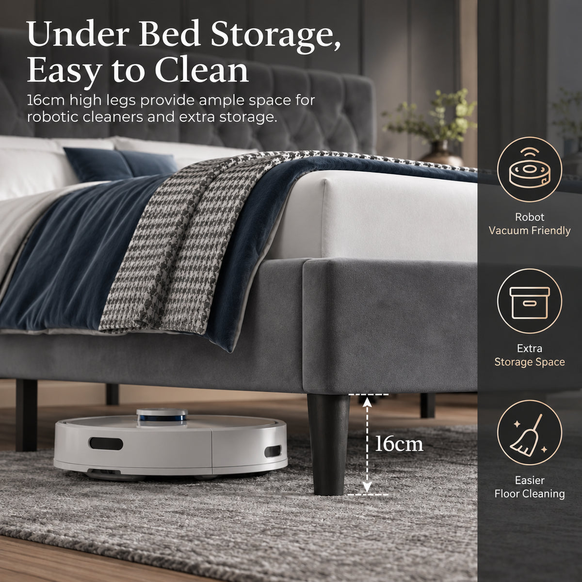 [Double | Grey] Low bed view showing a robot vacuum beneath the frame, a 16cm clearance marker, and cleaning icons.