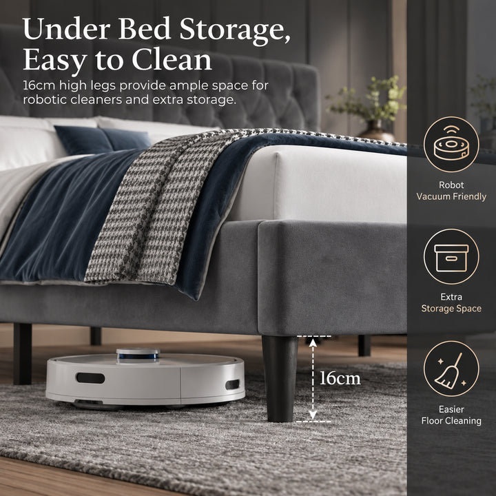 [Double | Grey] Low bed view showing a robot vacuum beneath the frame, a 16cm clearance marker, and cleaning icons.