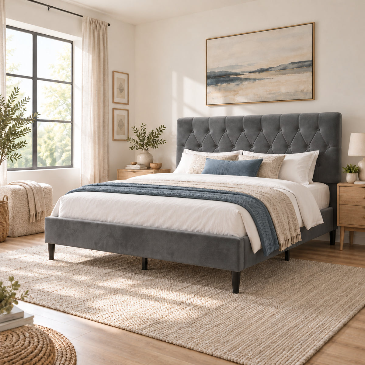 [Double | Grey] Angled bed view showing a tufted headboard, layered bedding, wooden bedside tables, window, and woven rug.