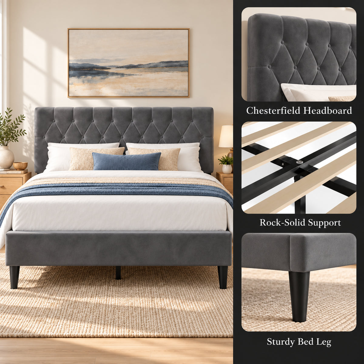 [Double | Grey] Bed front view with inset close-ups of the button-tufted headboard, wooden slats, and tapered leg.