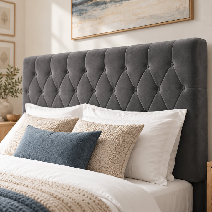 [Double | Grey] Headboard close-up showing diamond button tufting, upholstered edges, layered pillows, and textured cushions.