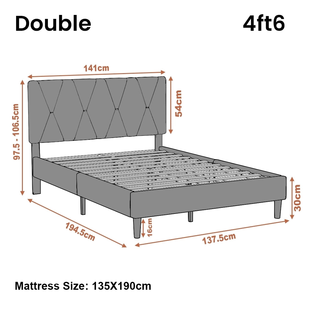 Grey bed frame with dimensions labeled on a white background
