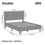 Grey bed frame with dimensions labeled on a white background