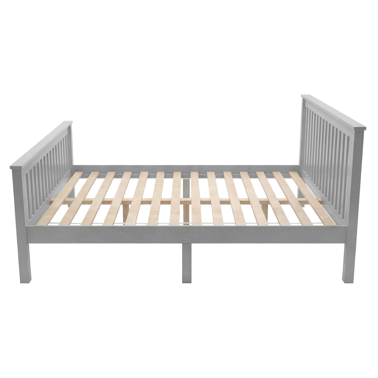 Double bed frame constructed from solid pine wood with a slatted base and central support legs