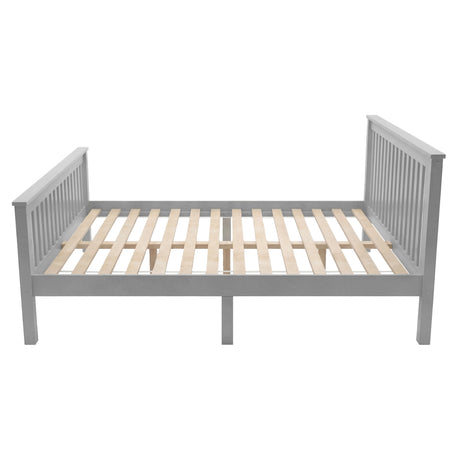 Double bed frame constructed from solid pine wood with a slatted base and central support legs