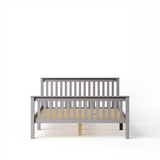 Double bed frame constructed from solid pine wood with a slatted base and central support legs