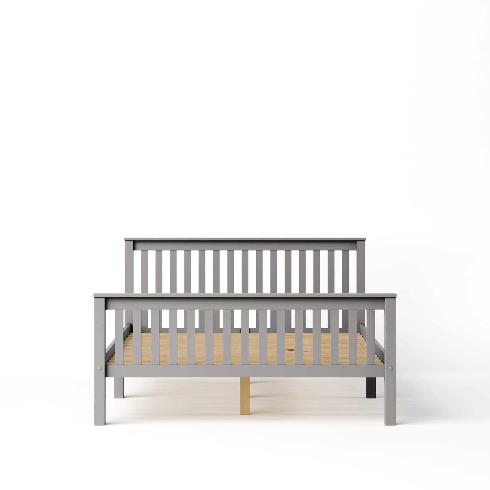 [Grey | Double] wooden double bed frame head-on studio shot in grey, exposed pine slat base across interior