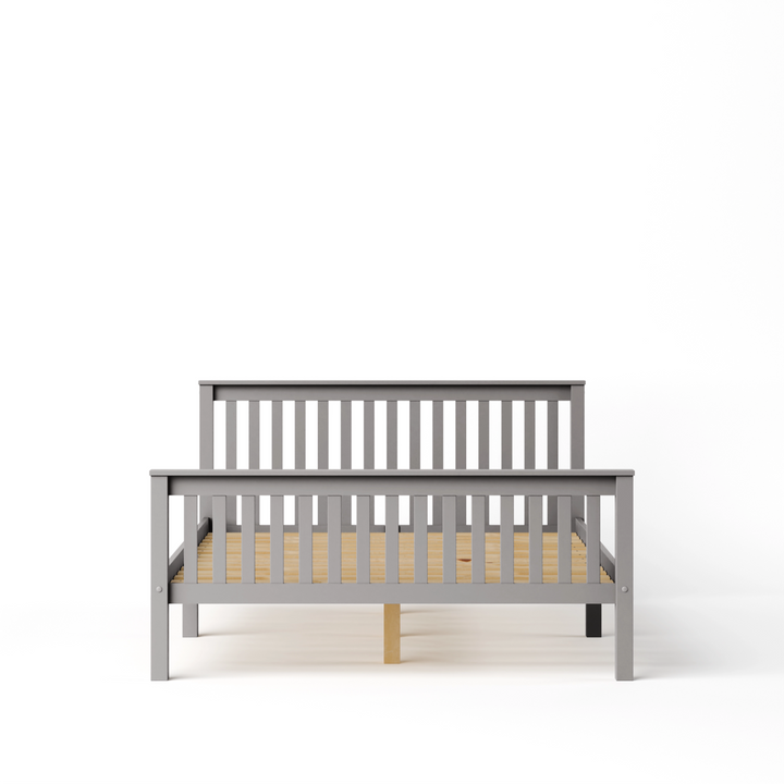 [Grey | Double] wooden double bed frame head-on studio shot in grey, exposed pine slat base across interior