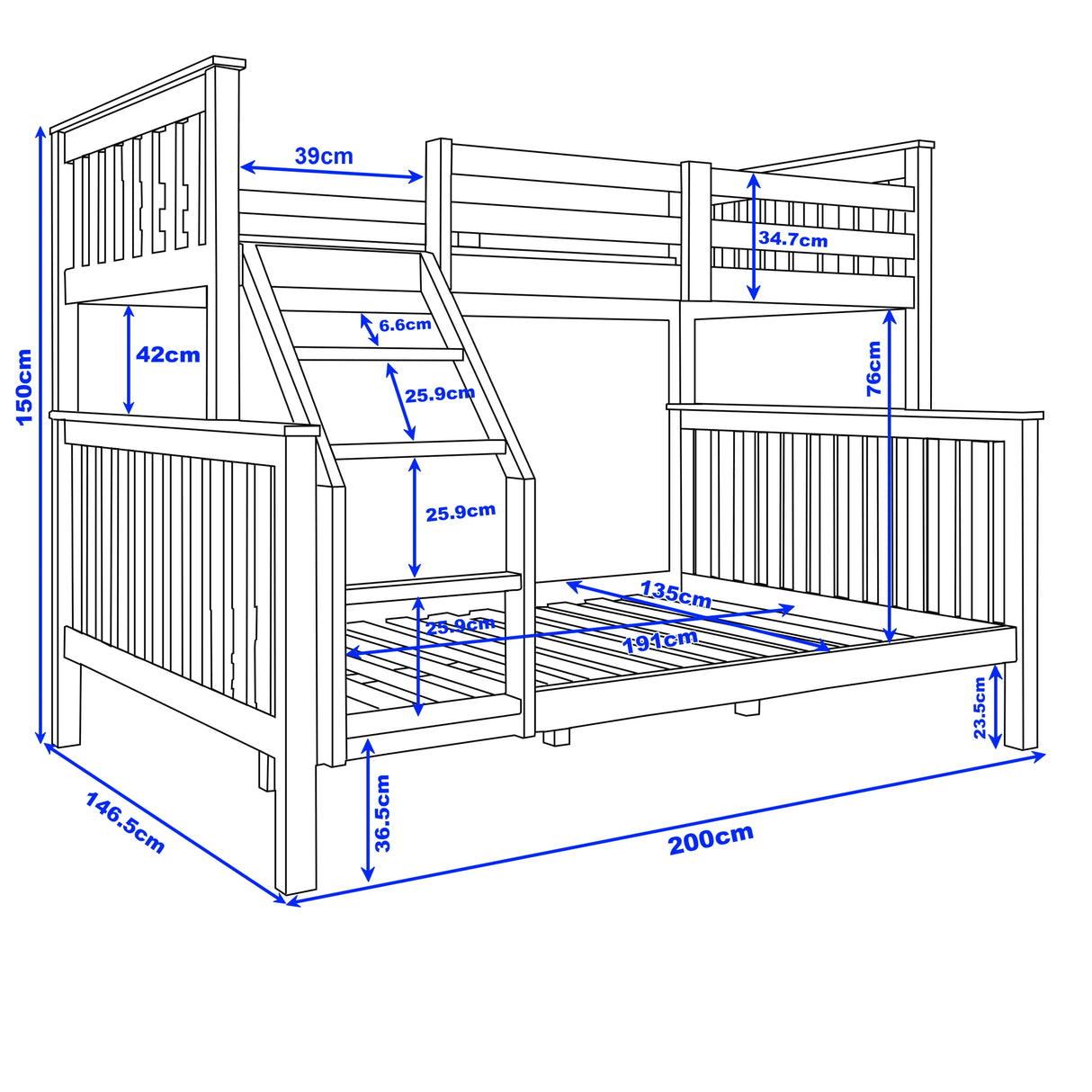 Measurement chart of a wooden bunk bed with dimensions labeled