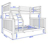 Measurement chart of a wooden bunk bed with dimensions labeled