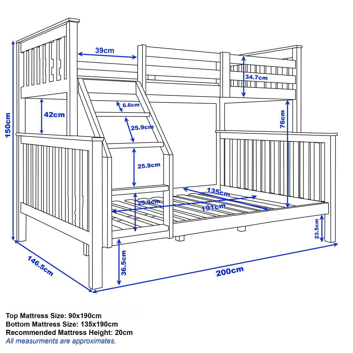 Measurement chart of a wooden bunk bed with dimensions labeled