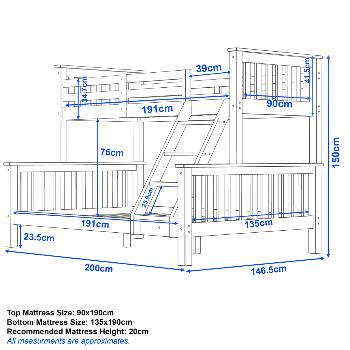 Measurement chart of a wooden bunk bed with dimensions labeled