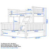 Measurement chart of a wooden bunk bed with dimensions labeled