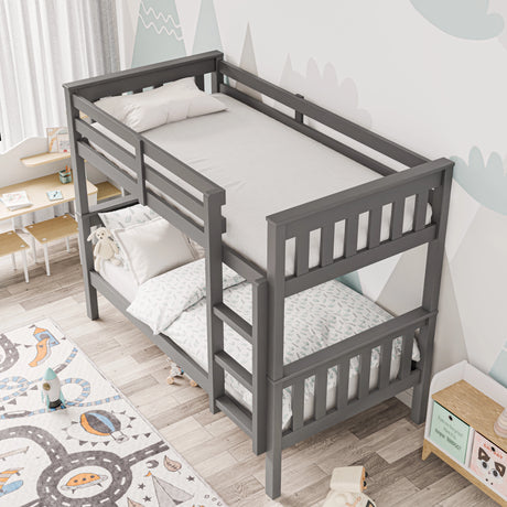 High angle view of grey single double decker bed with safety rails and ladder for children’s room
