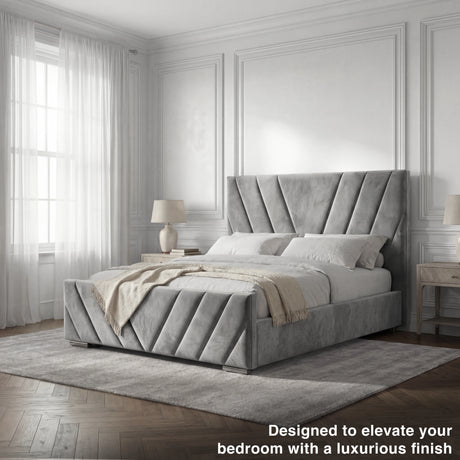 Angled perspective view of the grey double ottoman bed, highlighting its spacious structure and design features