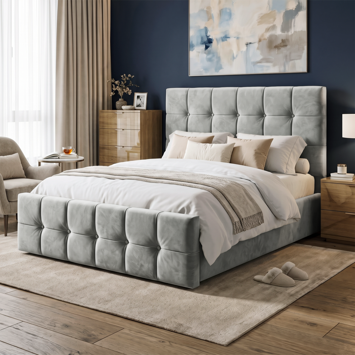 [Double | Grey] Double Ottoman Storage Bed Grey Velvet Square Tufted styled in a modern bedroom setting.