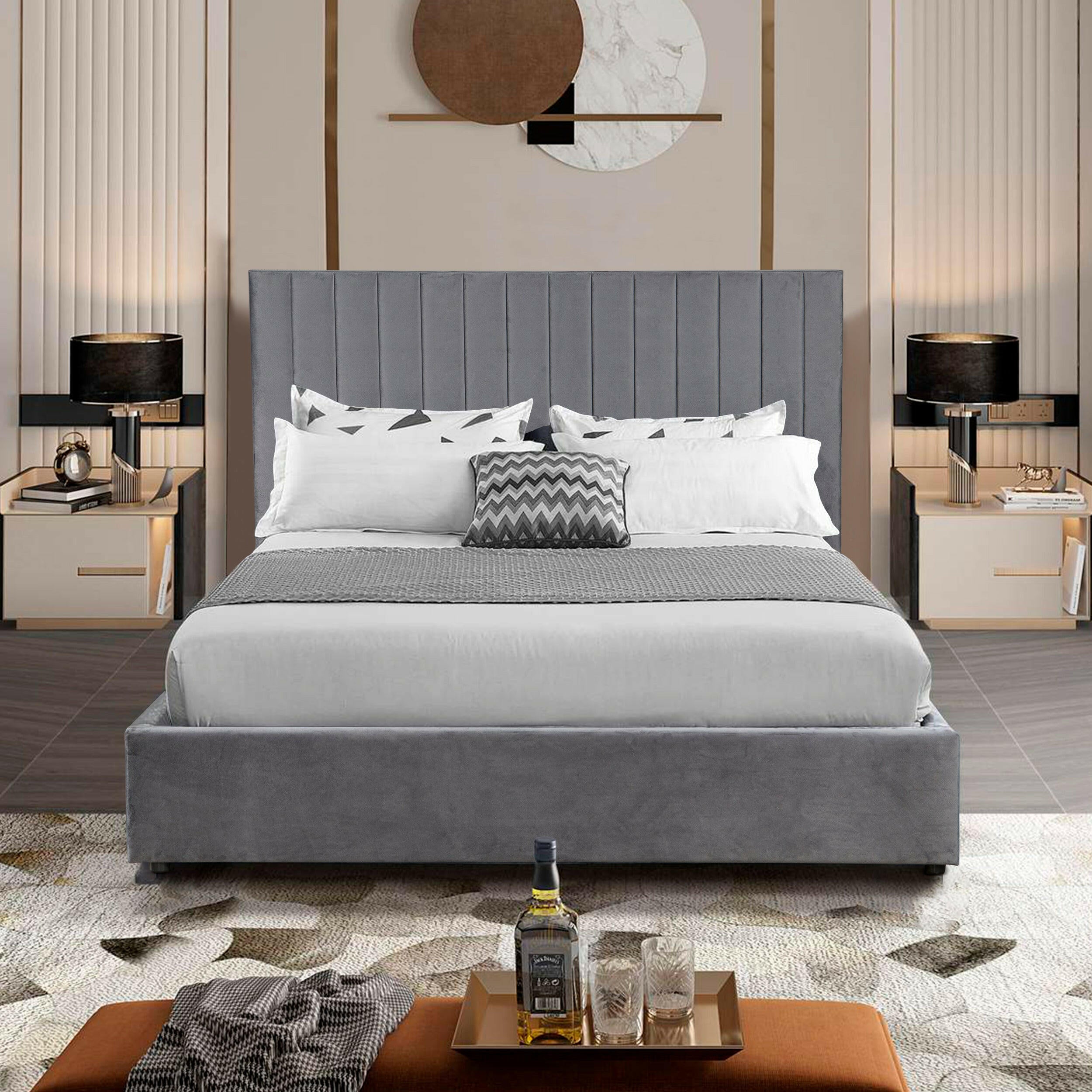 Grey double ottoman bed with spacious storage, perfect for maximizing bedroom space.