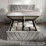 Grey double ottoman storage bed with an open compartment revealing extra space beneath the mattress