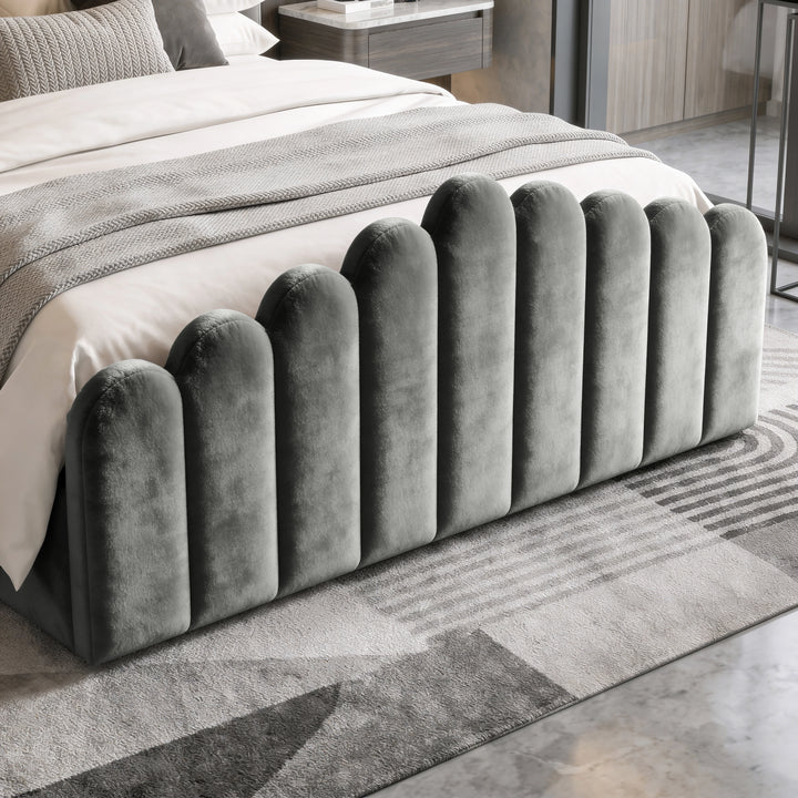[Double | Grey] Close-up of matching scalloped velvet footboard with rounded vertical channels