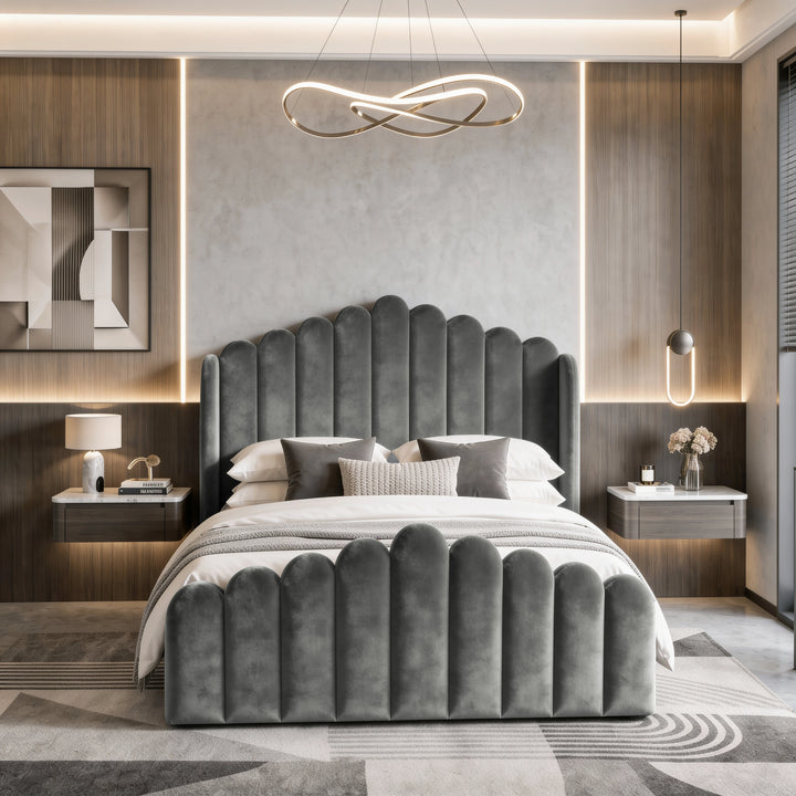 [Double | Grey] Front view of velvet ottoman storage bed with scalloped channel headboard and matching footboard