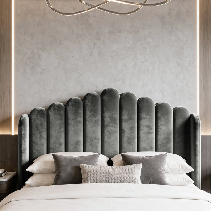 [Double | Grey] Close-up of tall scalloped velvet headboard with rounded vertical channels and padded side wings