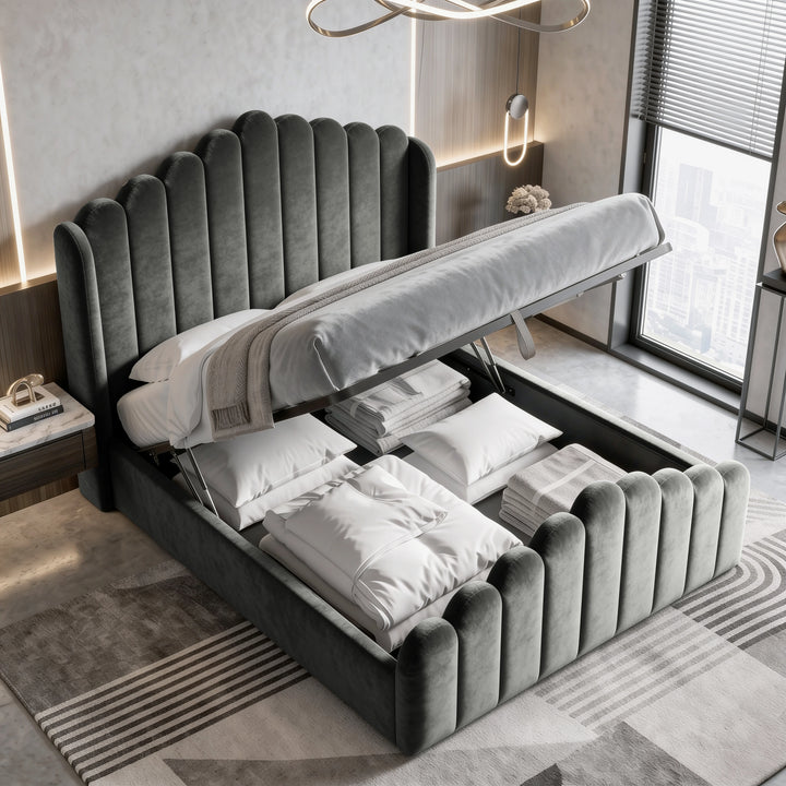 [Double | Grey] Velvet ottoman bed open from the foot end, showing gas-lift frame and full bedding storage