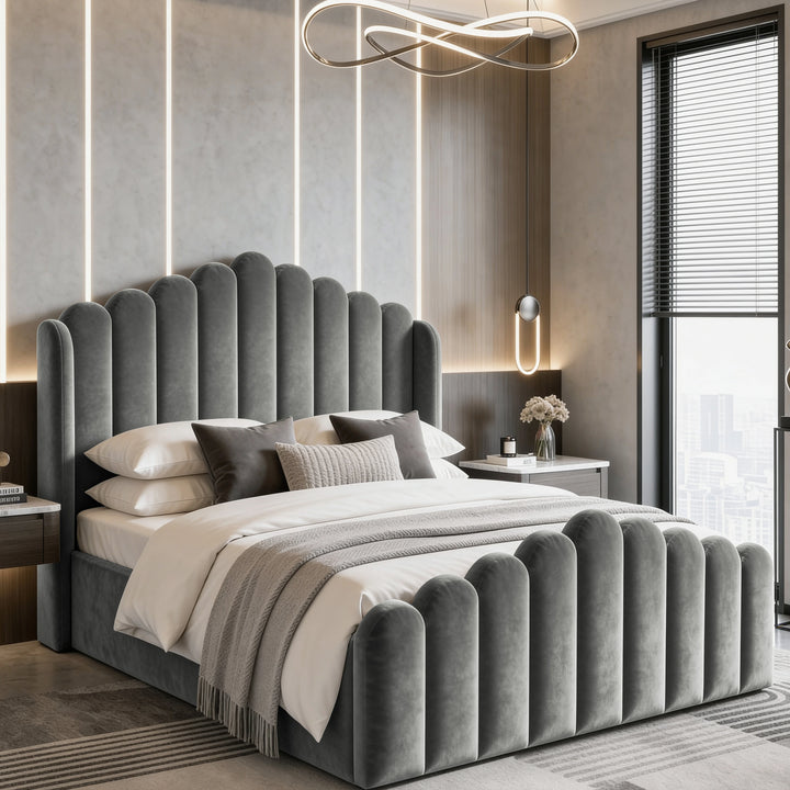 [Double | Grey] Velvet ottoman storage bed in a bedroom, with scalloped channel headboard and matching footboard