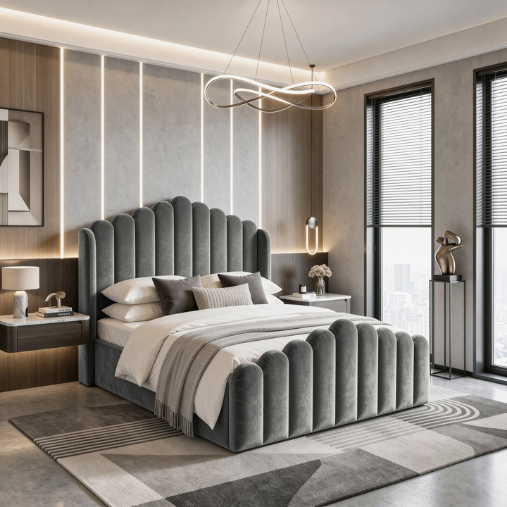 [Double | Grey] Velvet ottoman storage bed in a wide bedroom view with scalloped headboard and footboard