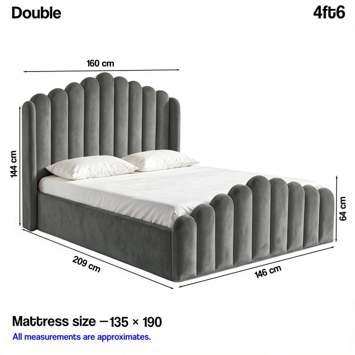 [Double | Grey] Ottoman bed size: 160W x 209L x 144H cm; foot end 64H; mattress 135 x 190 cm