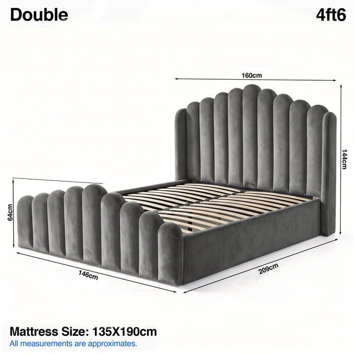 [Double | Grey]  gray velvet double bed frame with a tall, pleated headboard and matching footboard, shown with dimension labels and mattress size information on a white background.