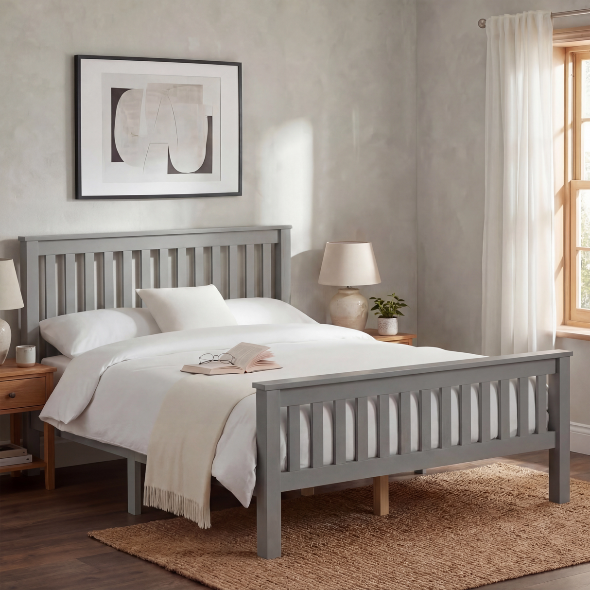 Grey double bed frame in solid wood, positioned centrally with bedding and matching bedside furniture in a bedroom layout