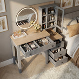 [Grey] Linra Grey Painted Dressing Table with LED Mirror and Storage overhead view showing open drawers with cosmetics.